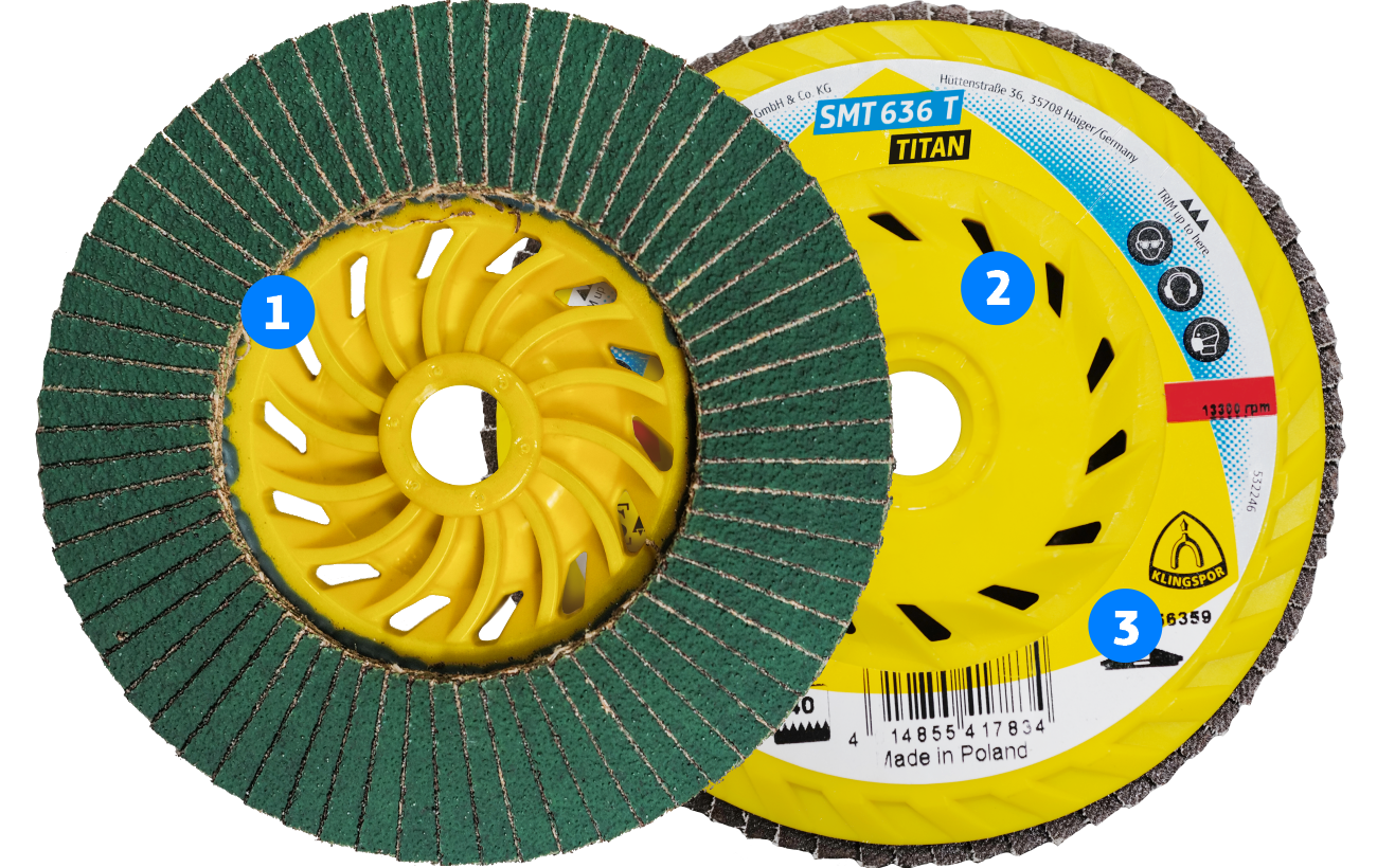 Navy flap disc with a yellow plastic fan-shaped plate in the center