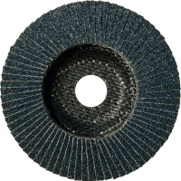 Disc with surrounding, blue sandpaper flaps and concave center hole